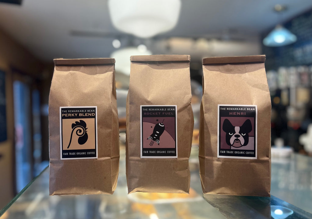 Fair Trade organic coffee bags on the counter at Remarkable Bean